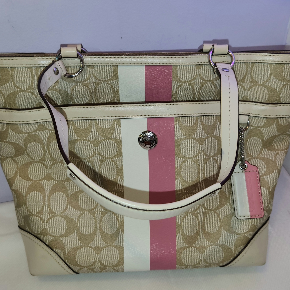 Coach Tan and Pink Signature Tote Bag